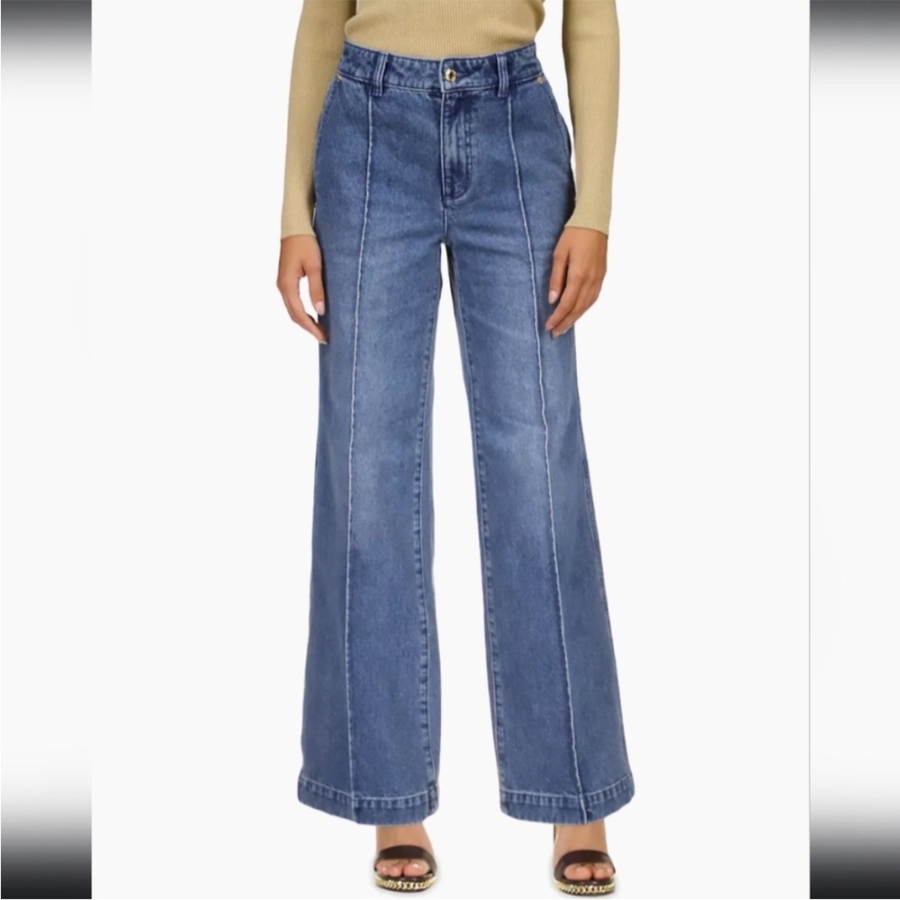 Michael Kors Pintuck High Waist Wide Leg Jean Size 4 Medium Wash - Picture 2 of 9